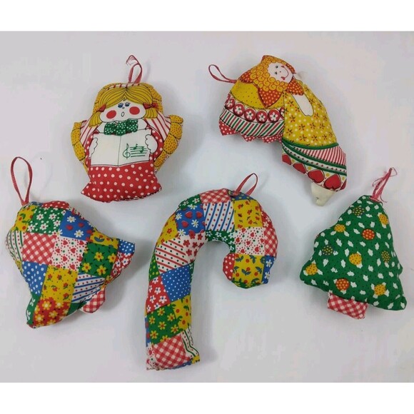 Vintage Christmas Ornaments Soft Stuffed Calico Patchwork lot of 5  1970s - Picture 6 of 13